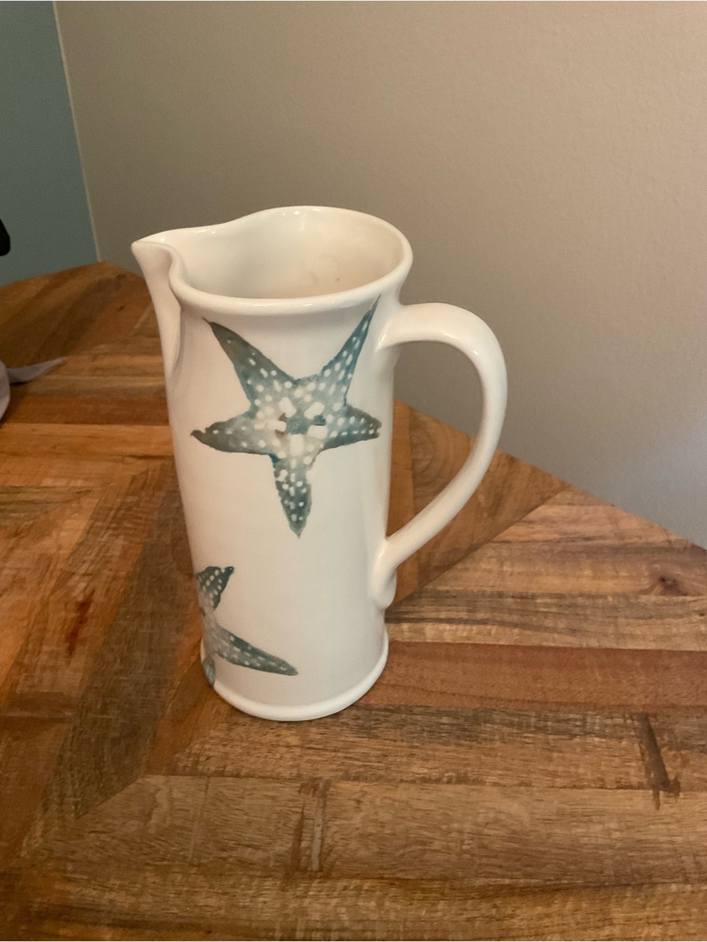 White Ceramic Pitcher with Teal Starfish Design - Made in Italy